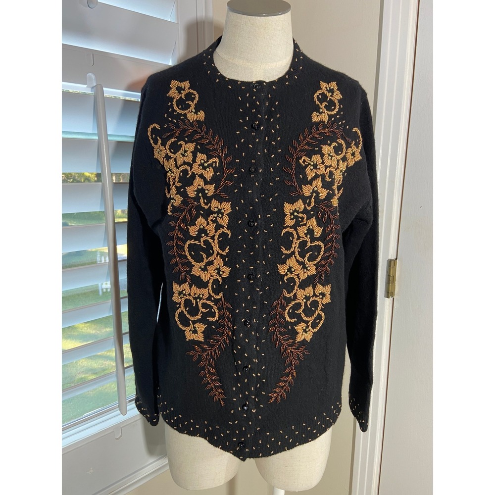 Vintage 50s Shangri-La Heavily Beaded Black Wool Cardigan Sweater Size 42 M L